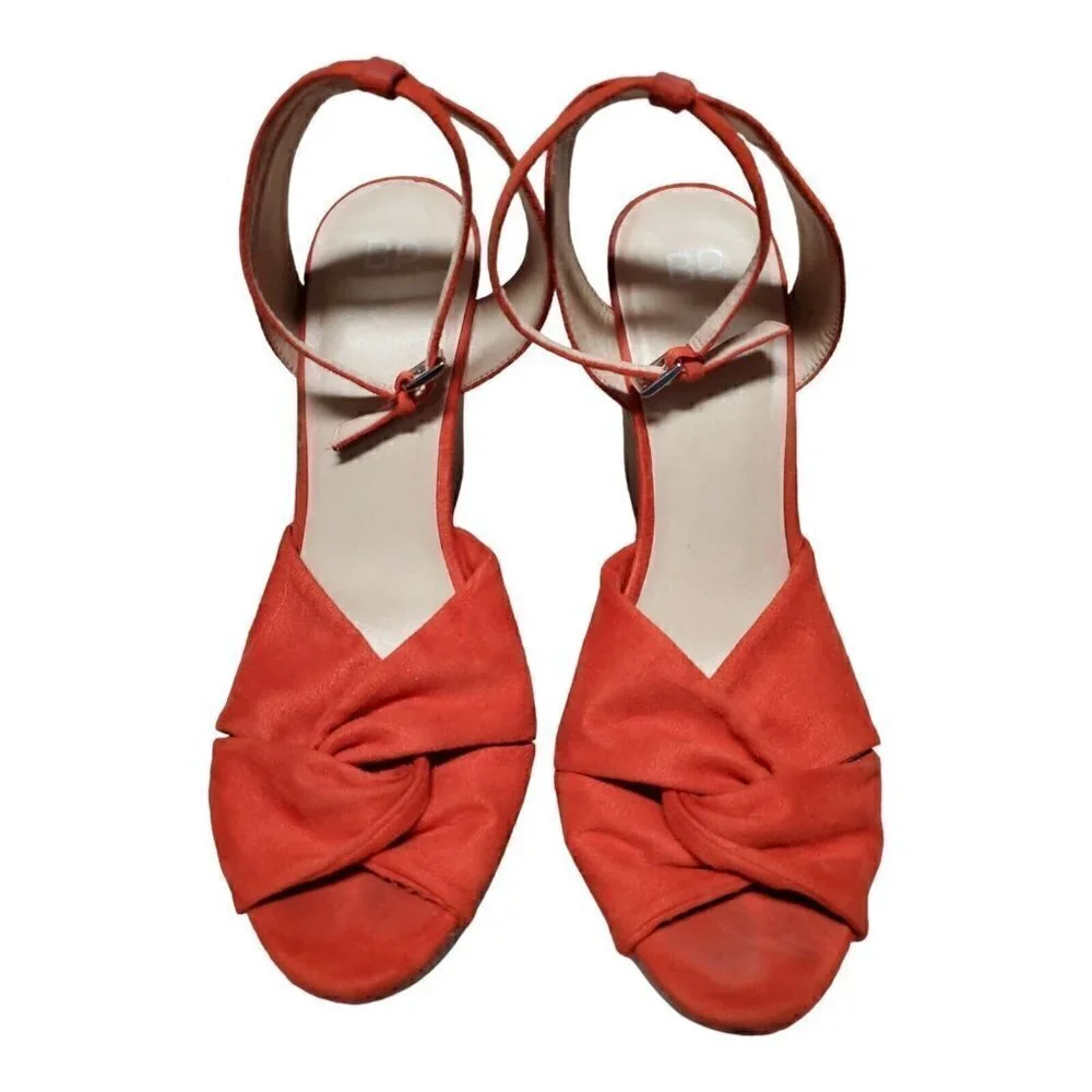 BP Women's Faux Suede Ankle Strap Orange Cork Wedge Heels Open Toe Shoes Sz 10M